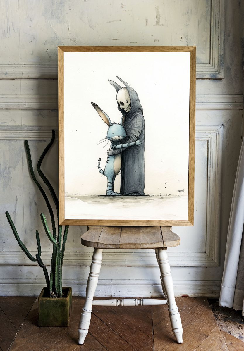 Skeleton Rabbit Hug Illustration Poster. — room view 1