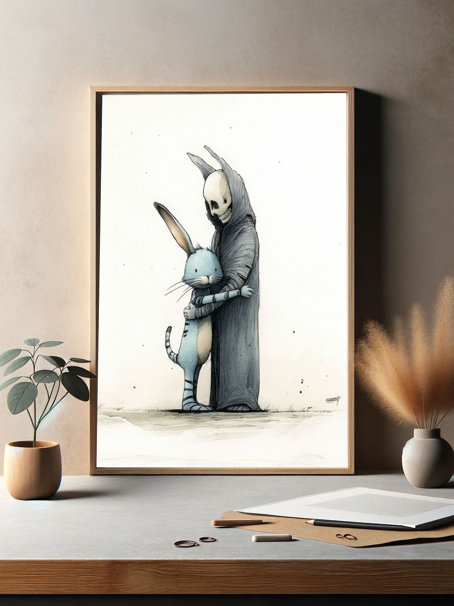 Skeleton Rabbit Hug Illustration Poster. — room view 2