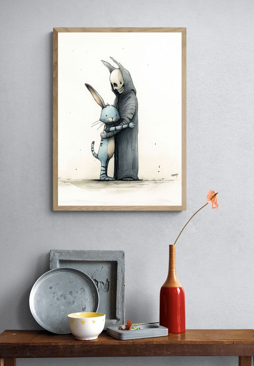 Skeleton Rabbit Hug Illustration Poster. — room view 3