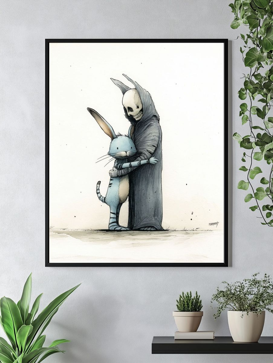 Skeleton Rabbit Hug Illustration Poster. — room view 4