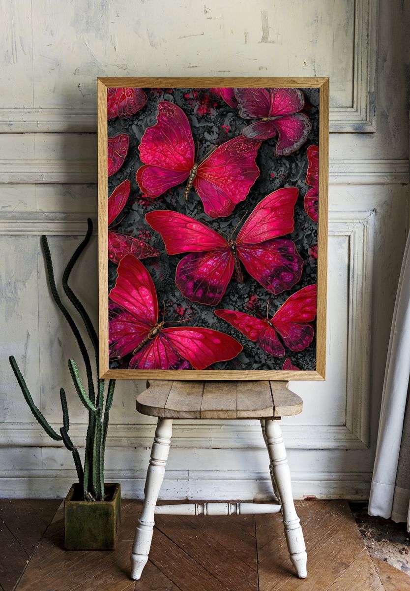 Magenta Butterfly Garden Illustration Poster. — room view 1