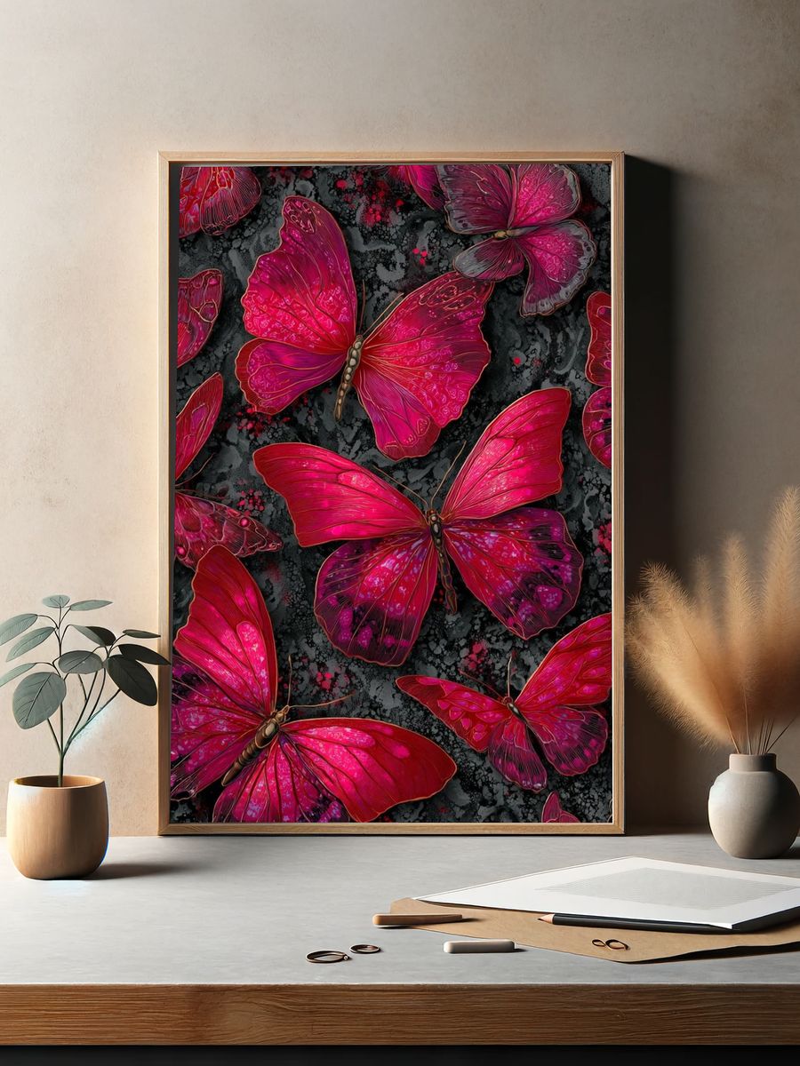 Magenta Butterfly Garden Illustration Poster. — room view 2