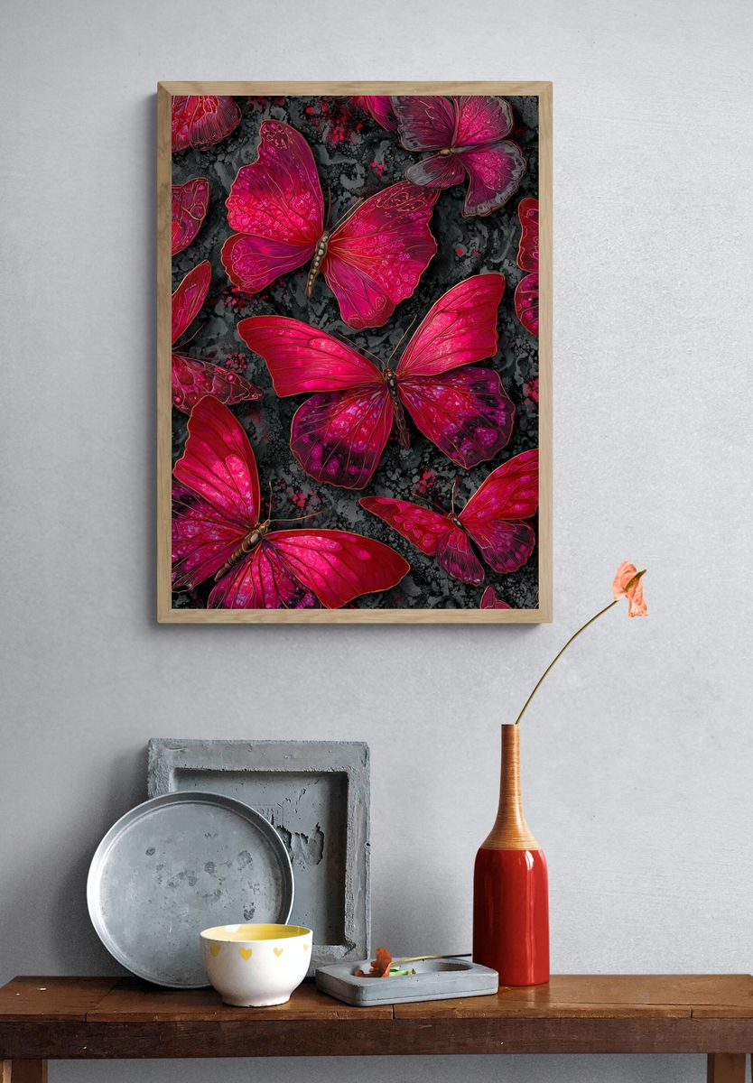 Magenta Butterfly Garden Illustration Poster. — room view 3
