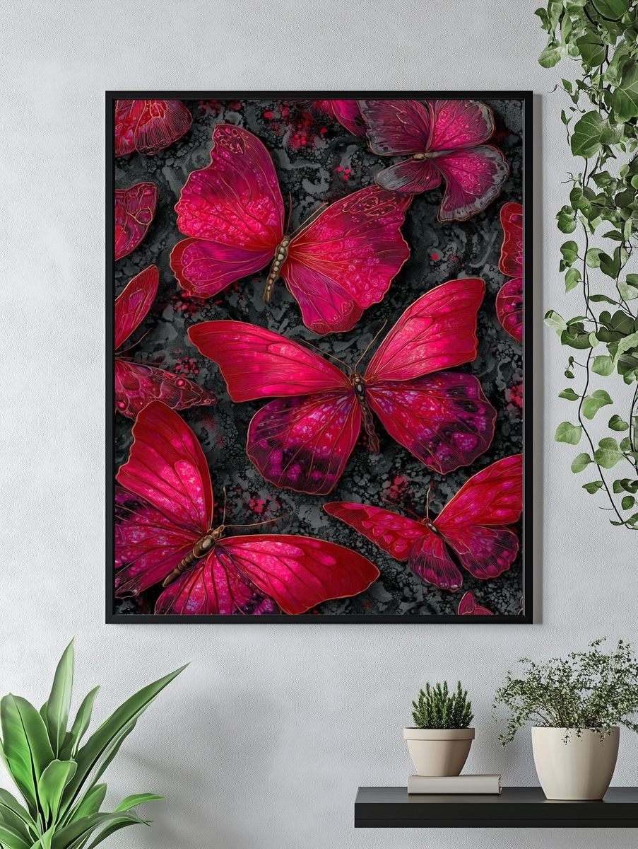 Magenta Butterfly Garden Illustration Poster. — room view 4