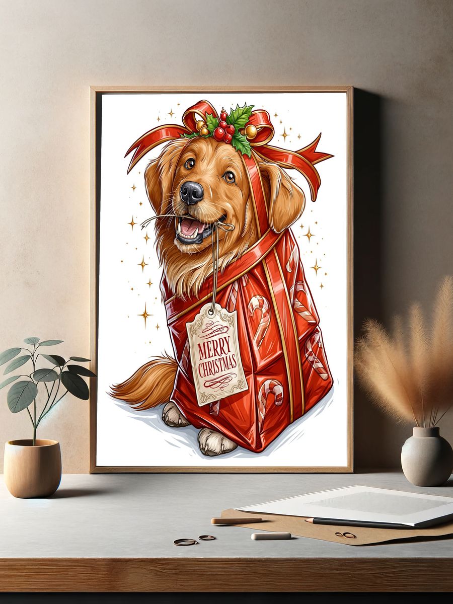 Christmas Golden Retriever Illustration Poster. — room view 2