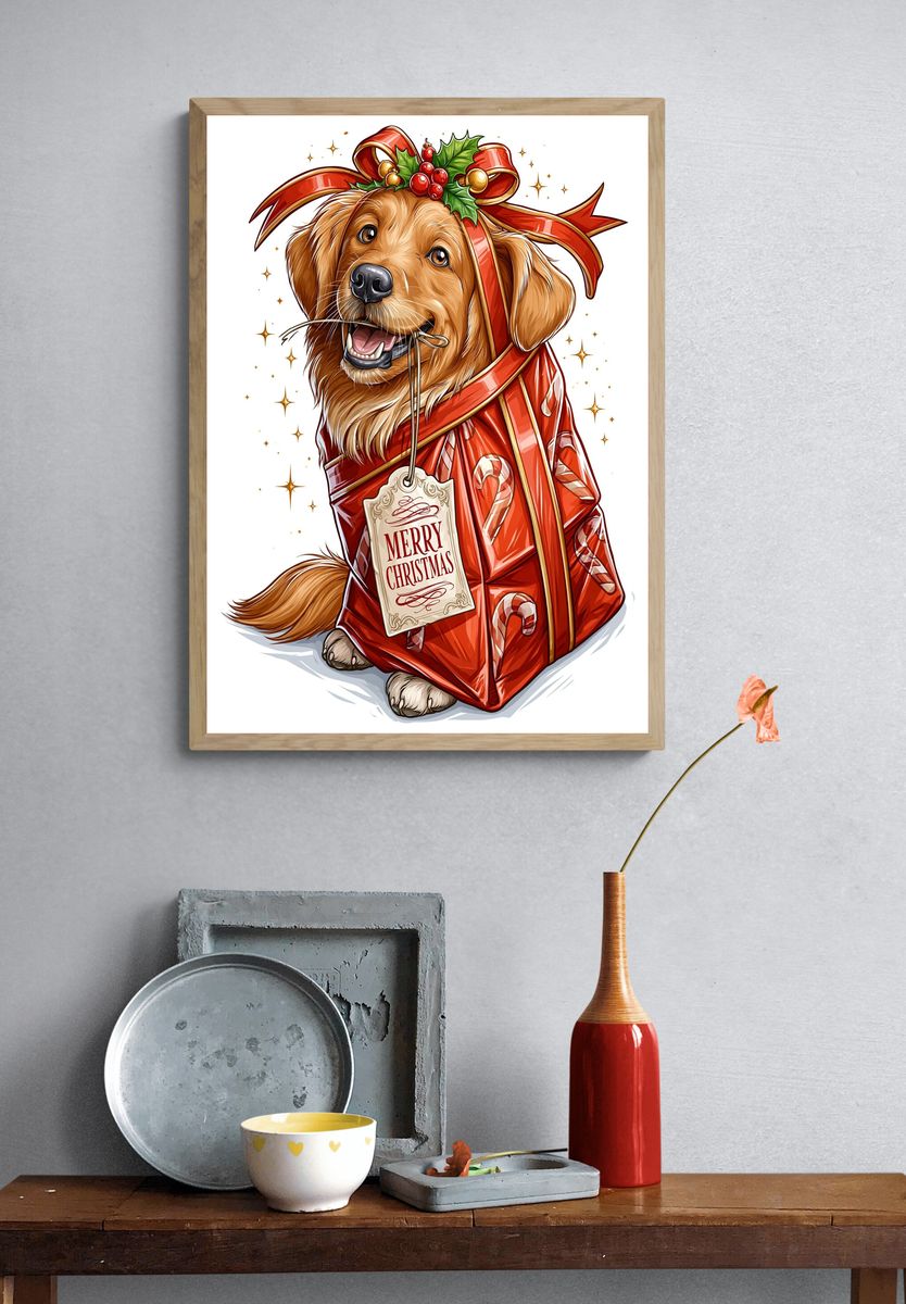 Christmas Golden Retriever Illustration Poster. — room view 3