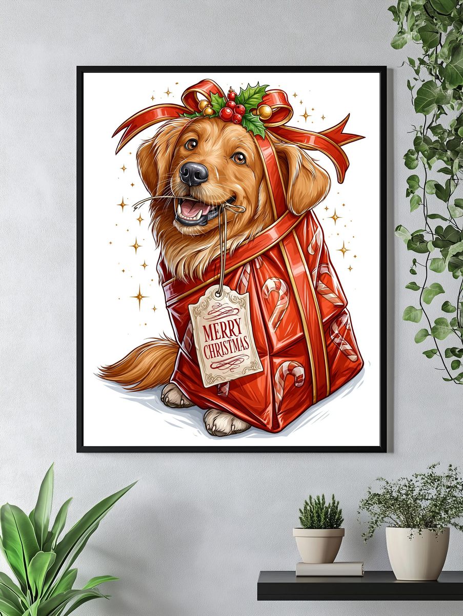 Christmas Golden Retriever Illustration Poster. — room view 4