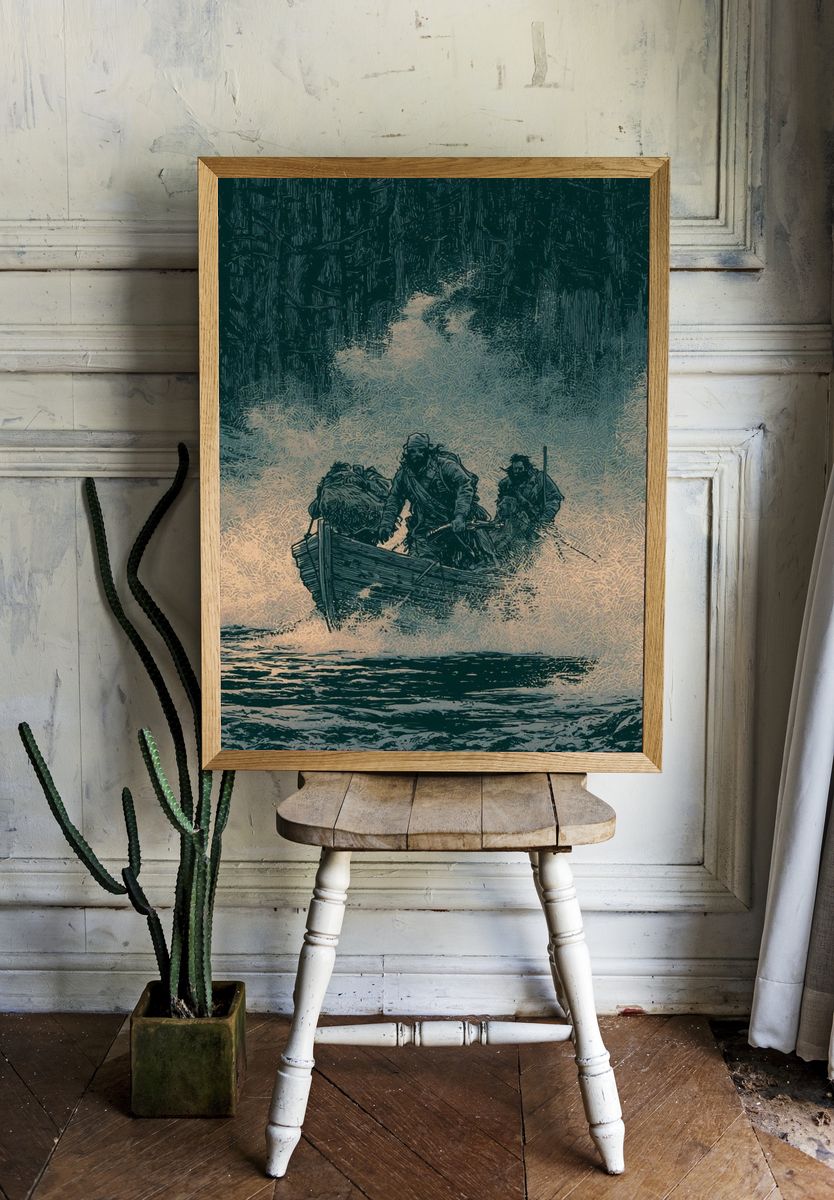 Stormy Boat Crossing Illustration Poster. — room view 1