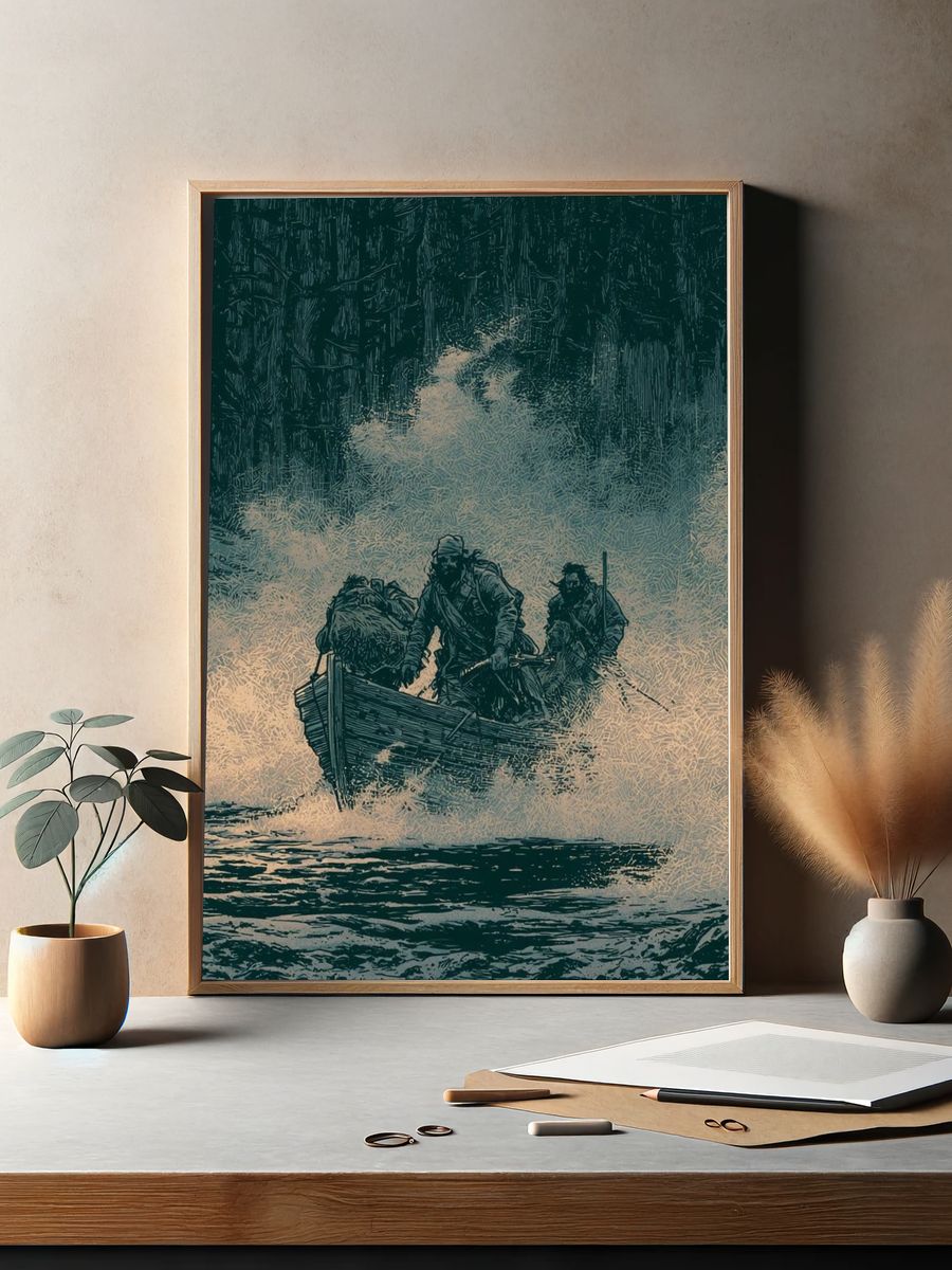 Stormy Boat Crossing Illustration Poster. — room view 2