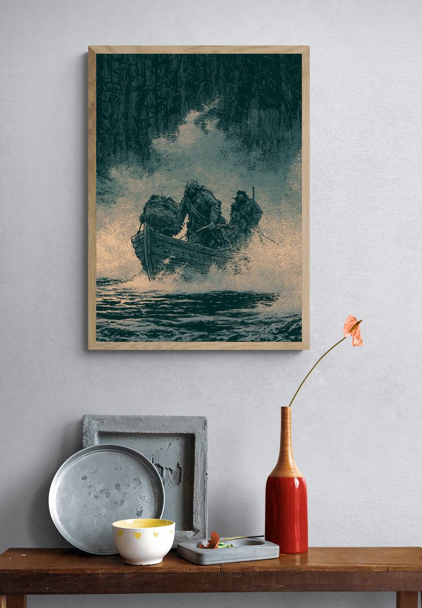 Stormy Boat Crossing Illustration Poster. — room view 3
