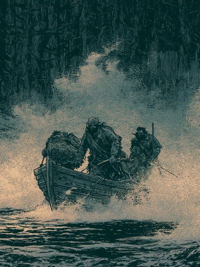 Stormy Boat Crossing Illustration Poster.