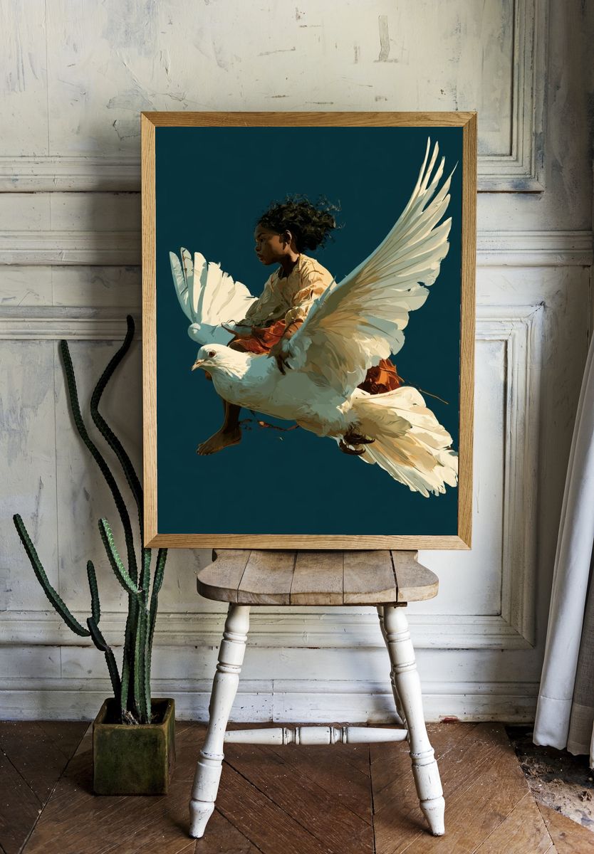 Girl on Dove Digital Art Poster. — room view 1