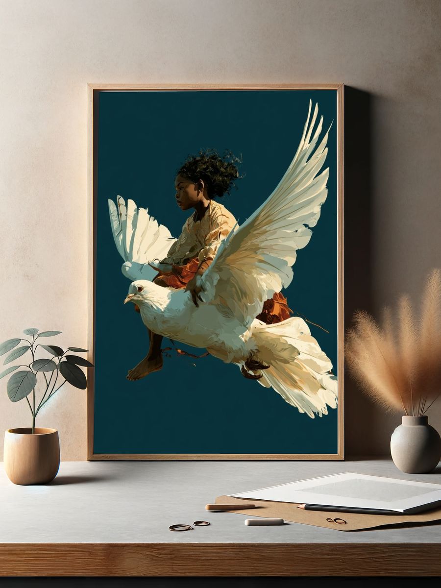 Girl on Dove Digital Art Poster. — room view 2