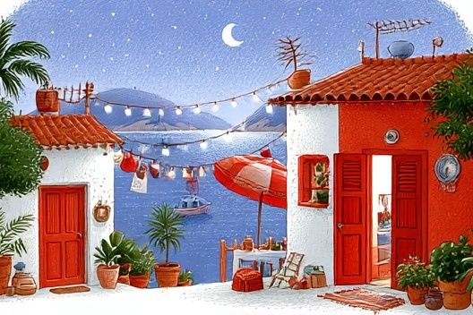 Mediterranean Seaside Village Illustration Poster. poster detail