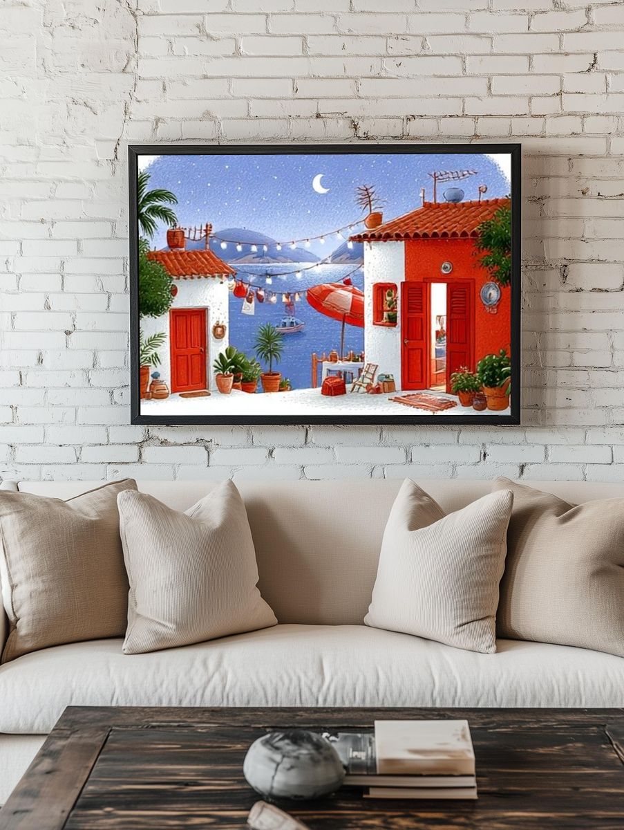 Mediterranean Seaside Village Illustration Poster. room preview