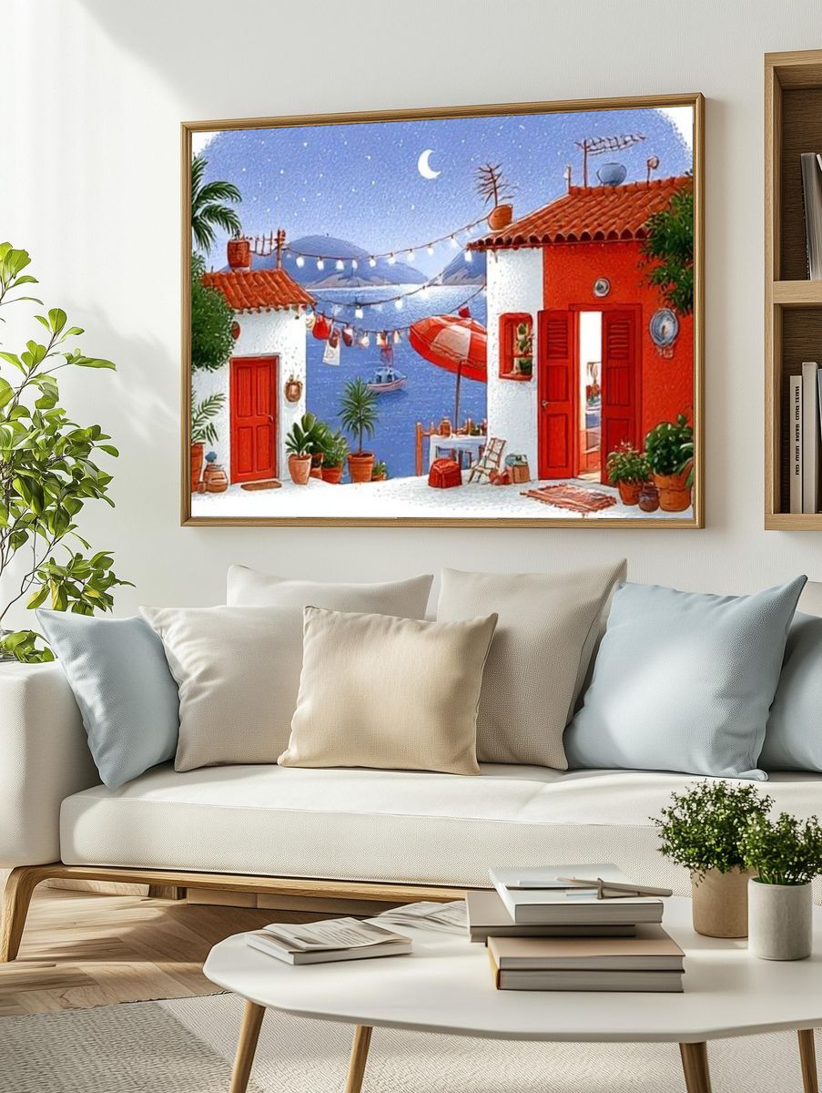 Mediterranean Seaside Village Illustration Poster. — room view 2