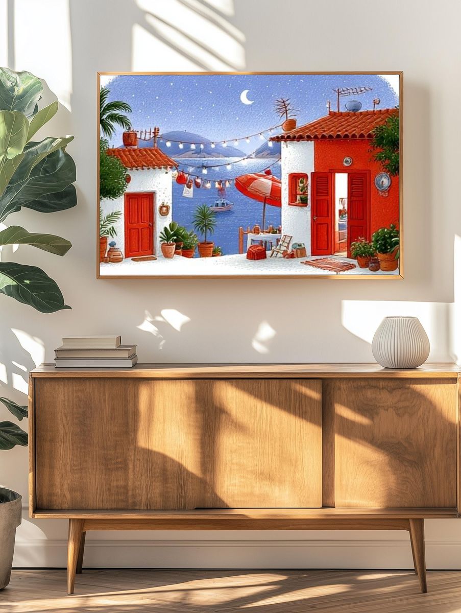 Mediterranean Seaside Village Illustration Poster. — room view 3