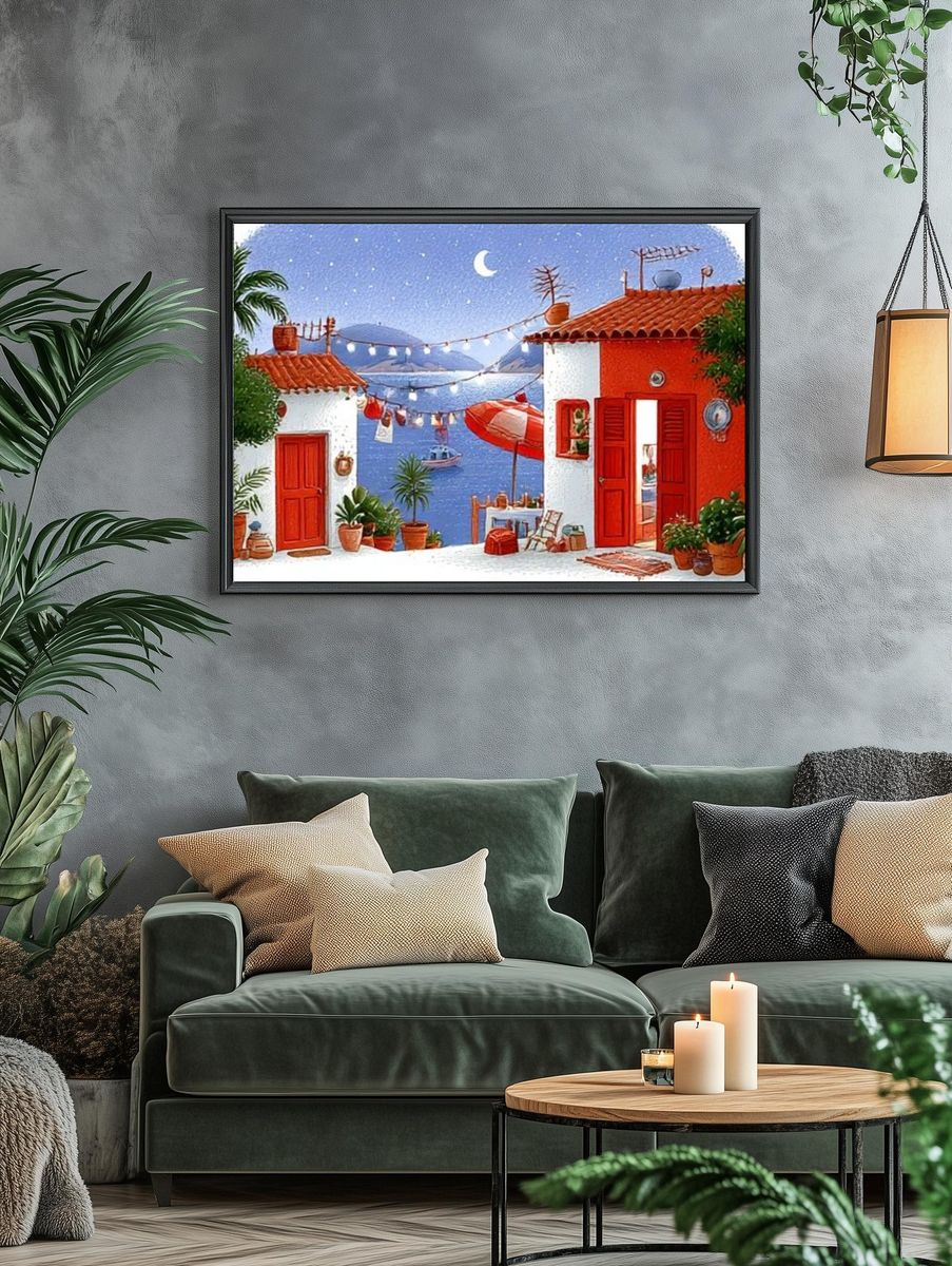 Mediterranean Seaside Village Illustration Poster. — room view 4