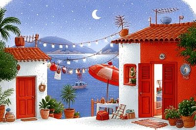 Mediterranean Seaside Village Illustration Poster.