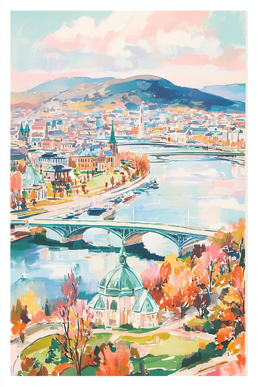 Autumn City Riverscape Illustration Poster. poster detail