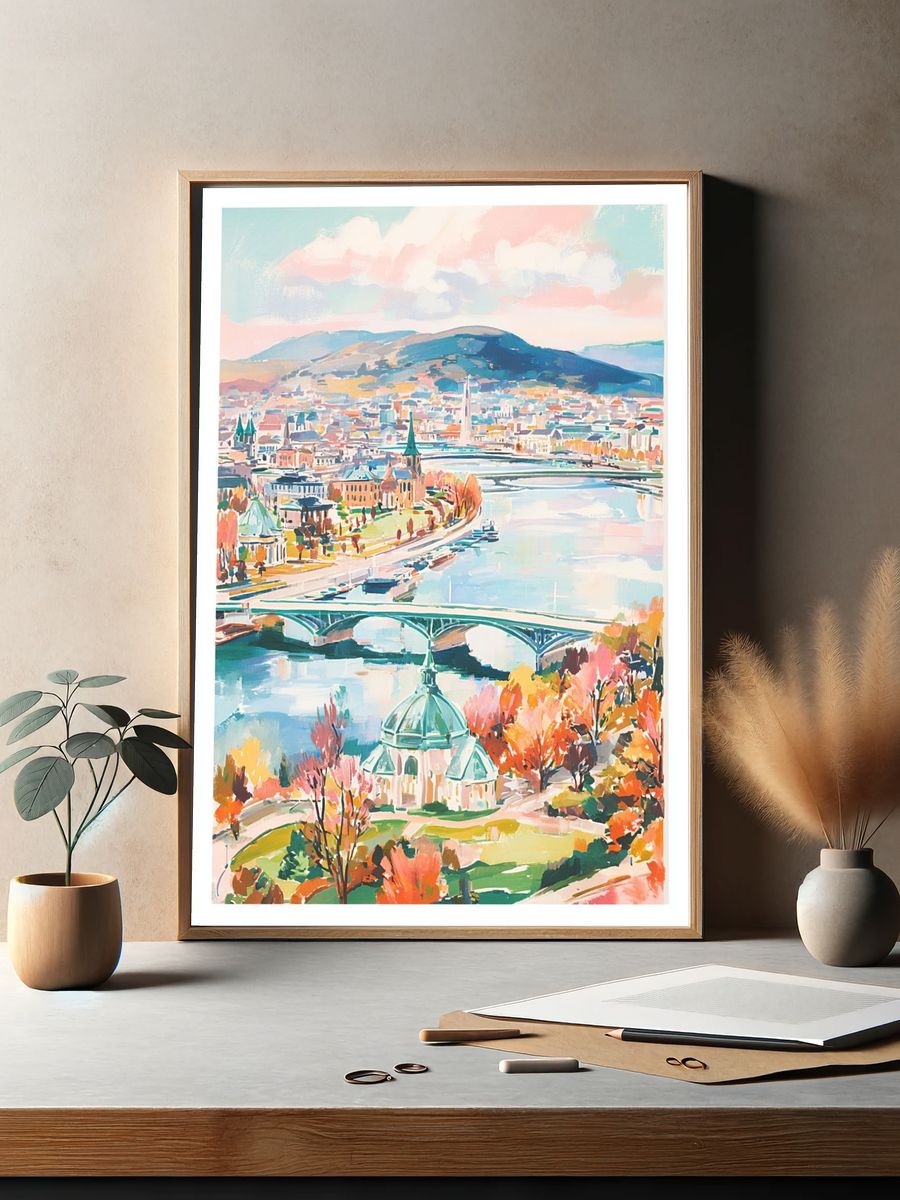 Autumn City Riverscape Illustration Poster. — room view 2