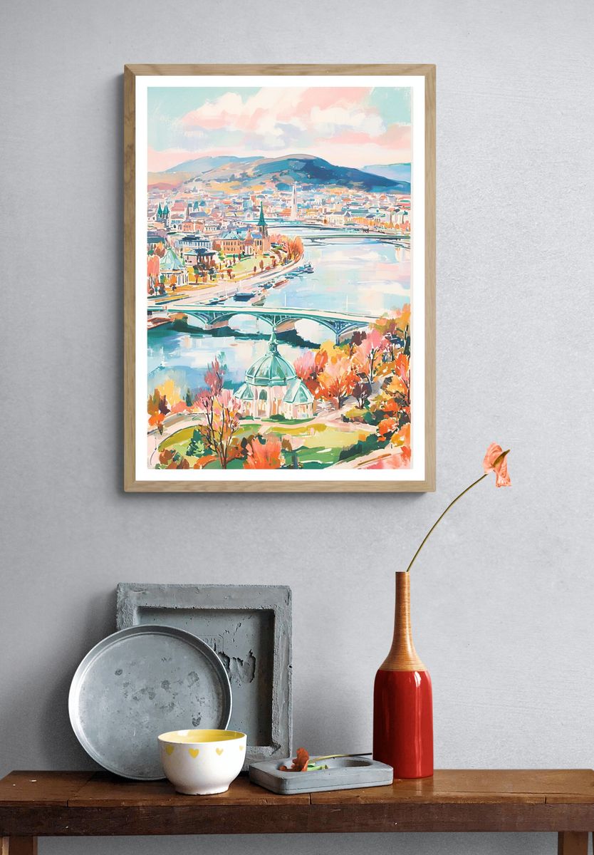 Autumn City Riverscape Illustration Poster. — room view 3