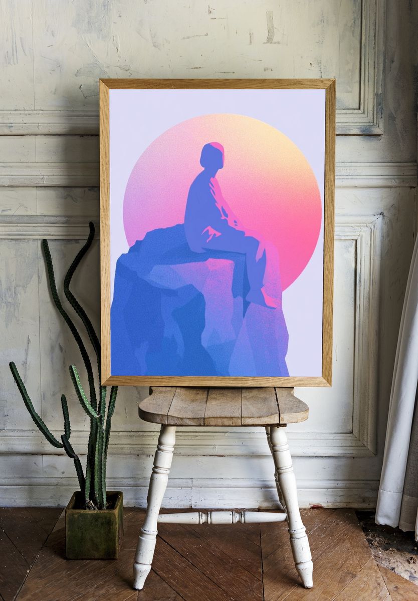 Dreamy Figure on Rock Illustration Poster. room preview