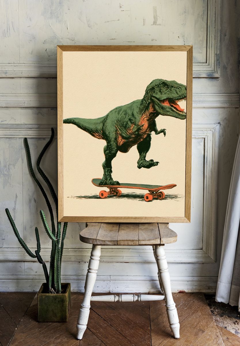 Skateboarding T-Rex Illustration Poster. — room view 1