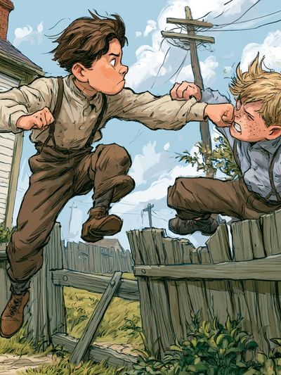 Boyhood Fence Fight Illustration Poster.