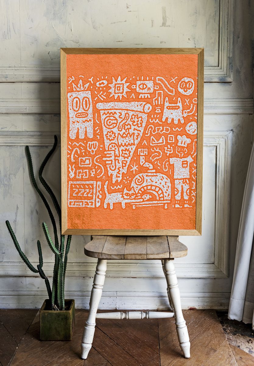 Orange Doodle Faces Abstract Poster. room preview