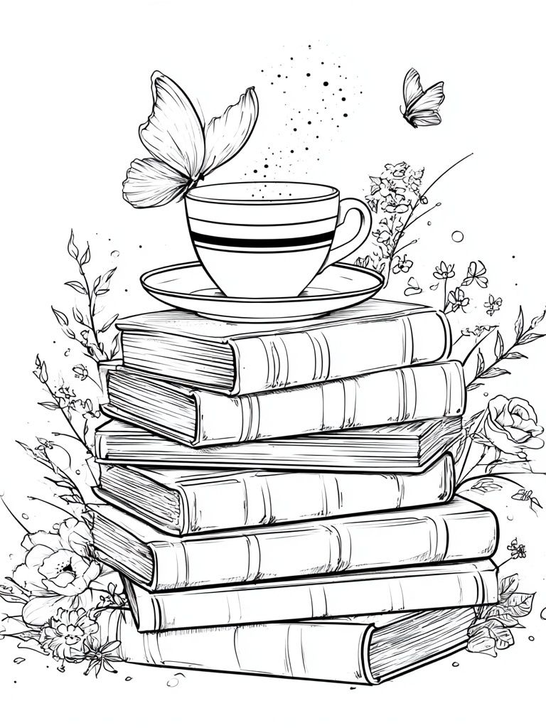 Books and Teacup Line Art Poster. poster — illustration art