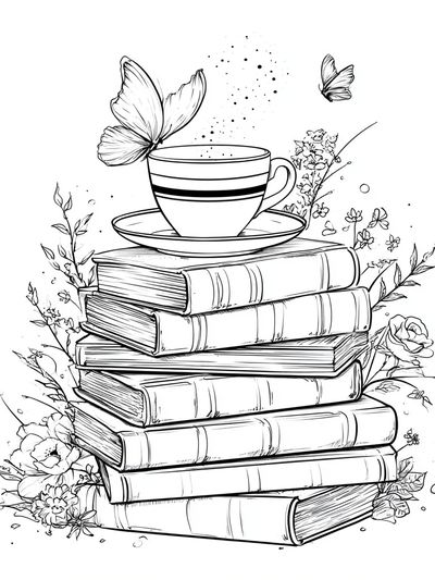 Books and Teacup Line Art Poster.