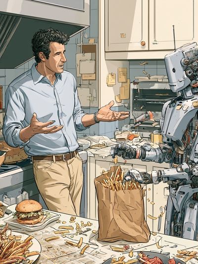 Robot Kitchen Conversation Illustration Poster. poster
