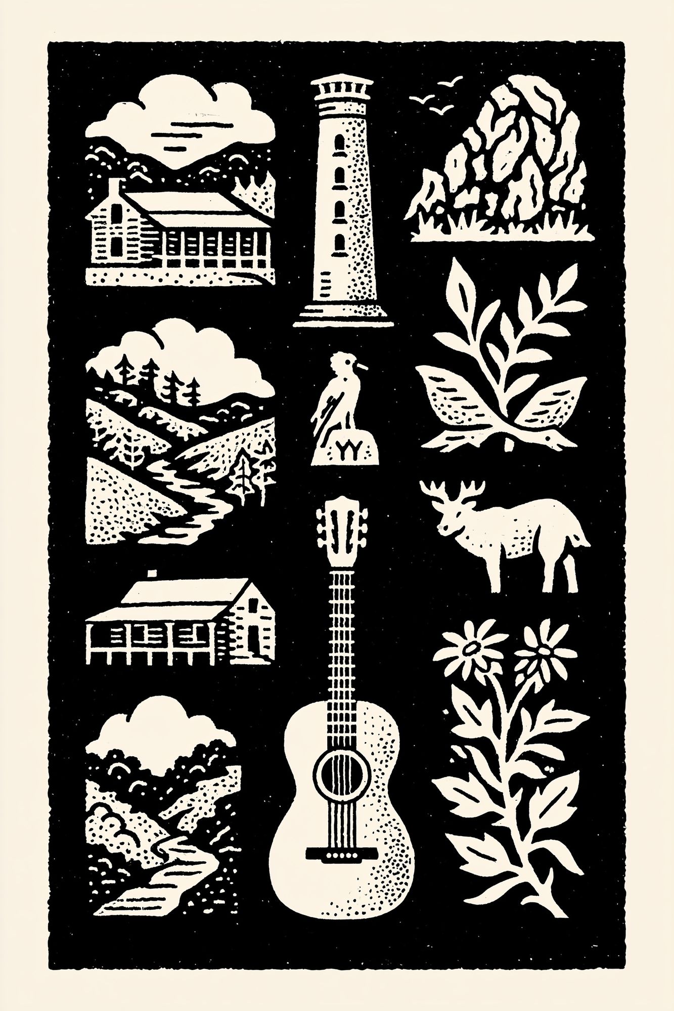 Woodland Cabin Linocut Poster. poster detail