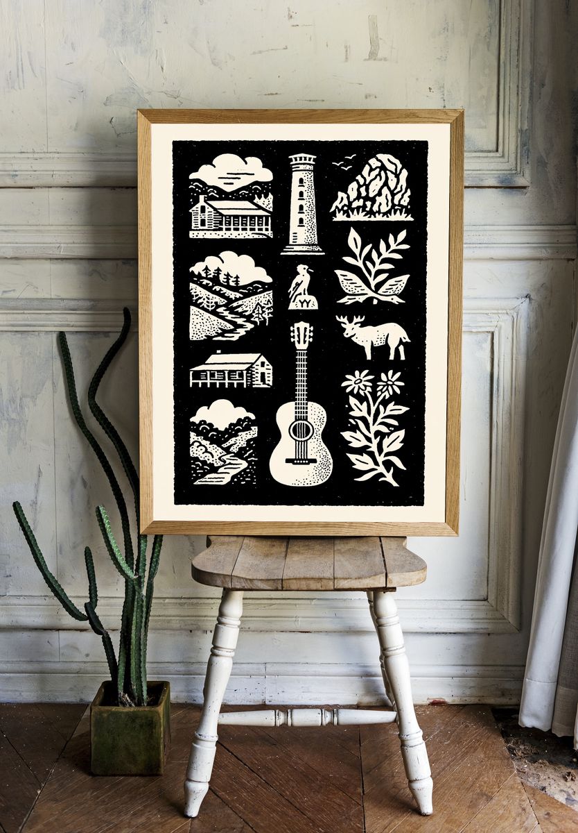 Woodland Cabin Linocut Poster. room preview