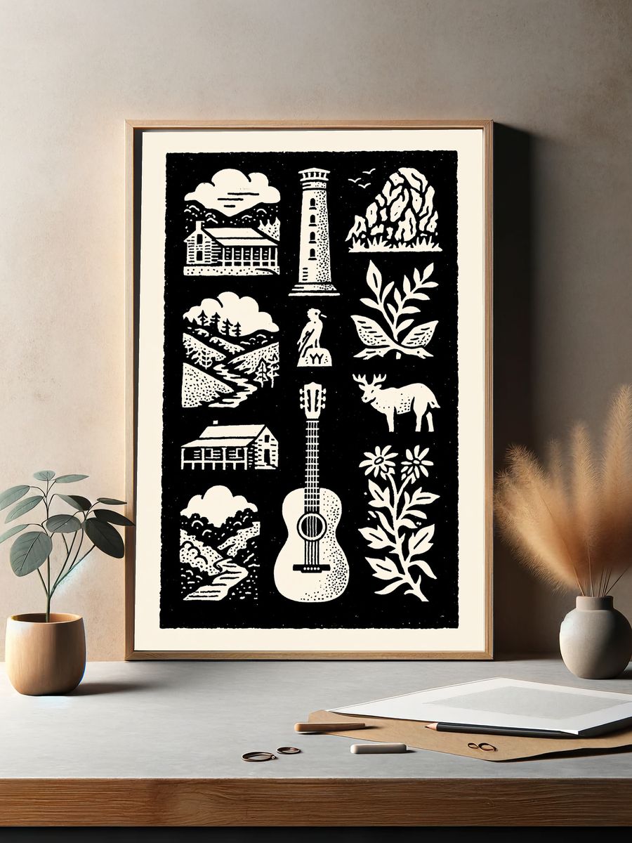 Woodland Cabin Linocut Poster. — room view 2