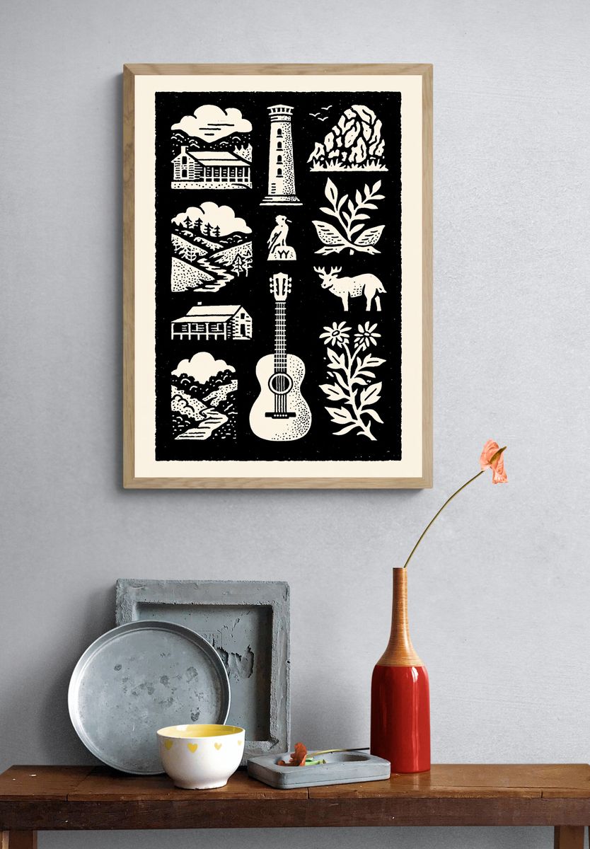 Woodland Cabin Linocut Poster. — room view 3