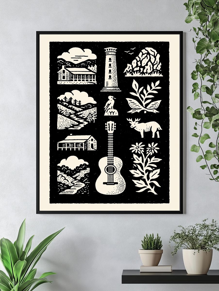 Woodland Cabin Linocut Poster. — room view 4