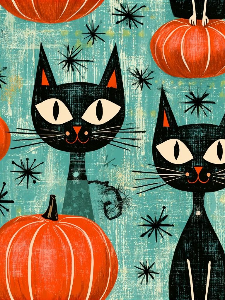 Black Cats and Pumpkins Illustration Poster. poster detail