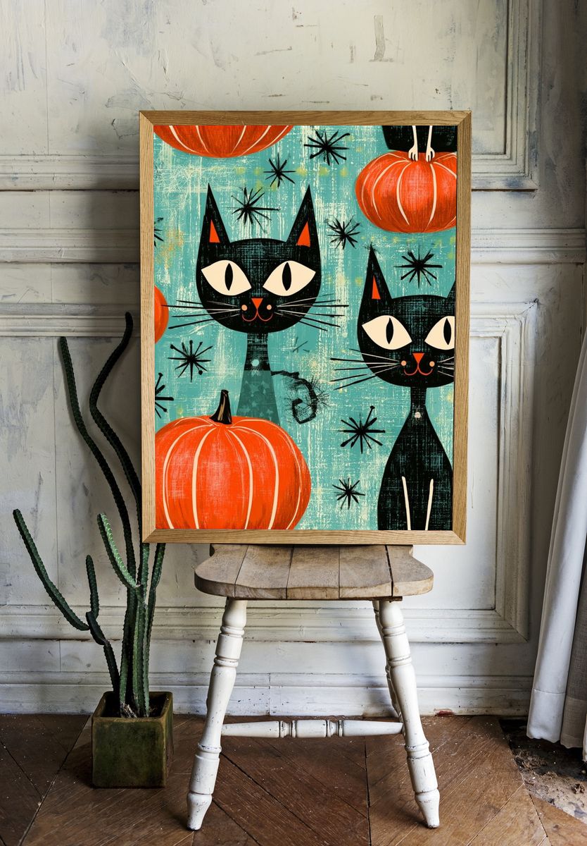 Black Cats and Pumpkins Illustration Poster. room preview