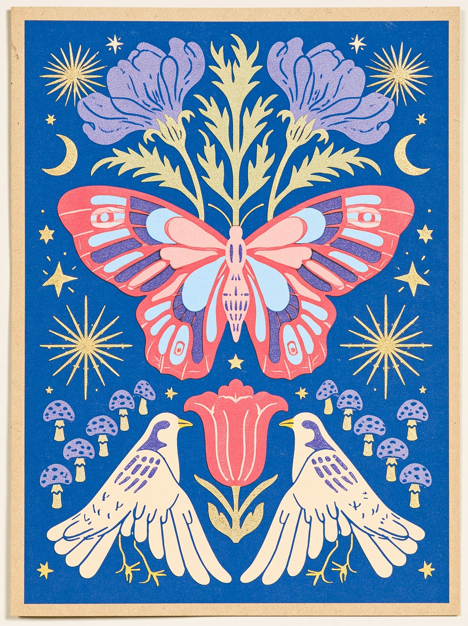 Butterfly and Birds Folk Art Poster. poster — illustration art