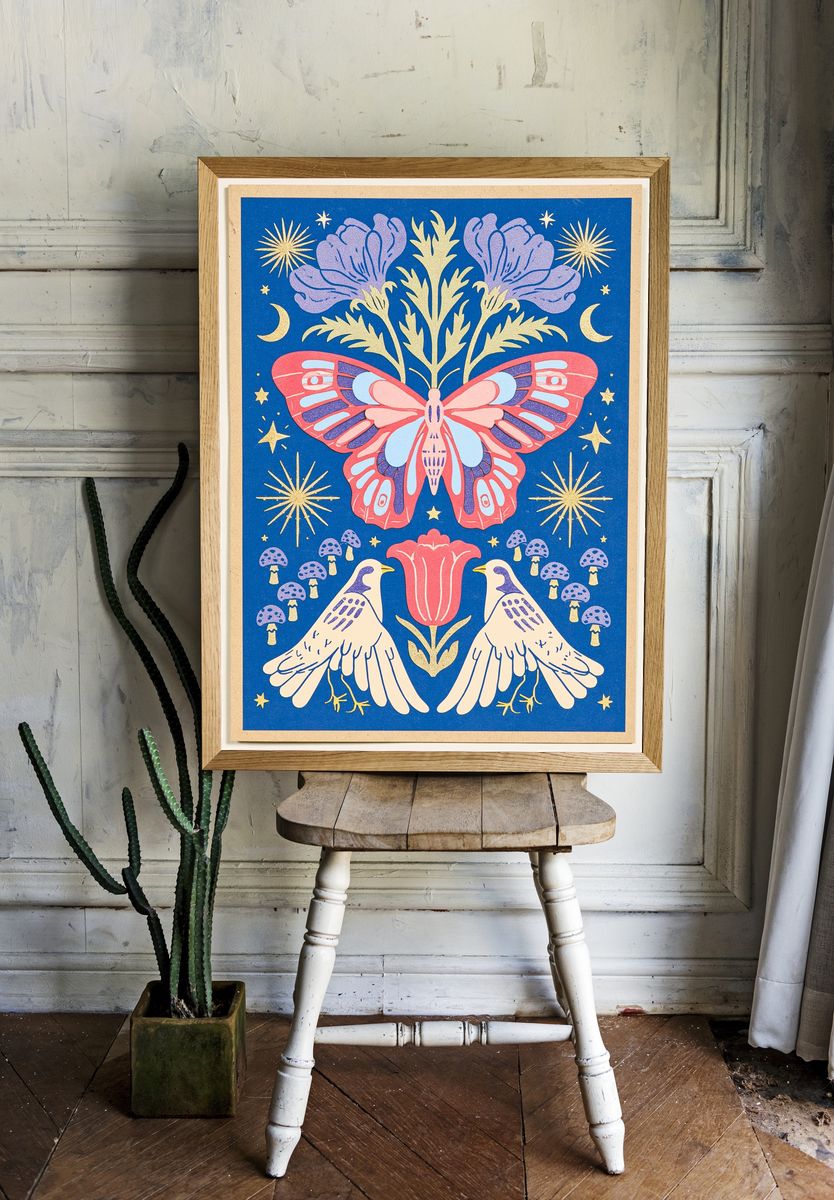 Butterfly and Birds Folk Art Poster. room preview