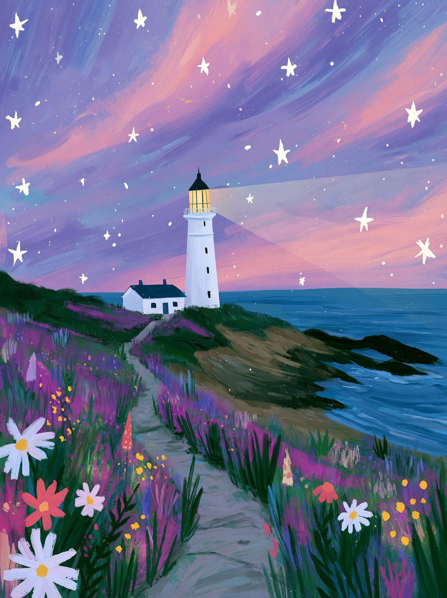 Lighthouse at Dusk Illustration Poster. poster detail