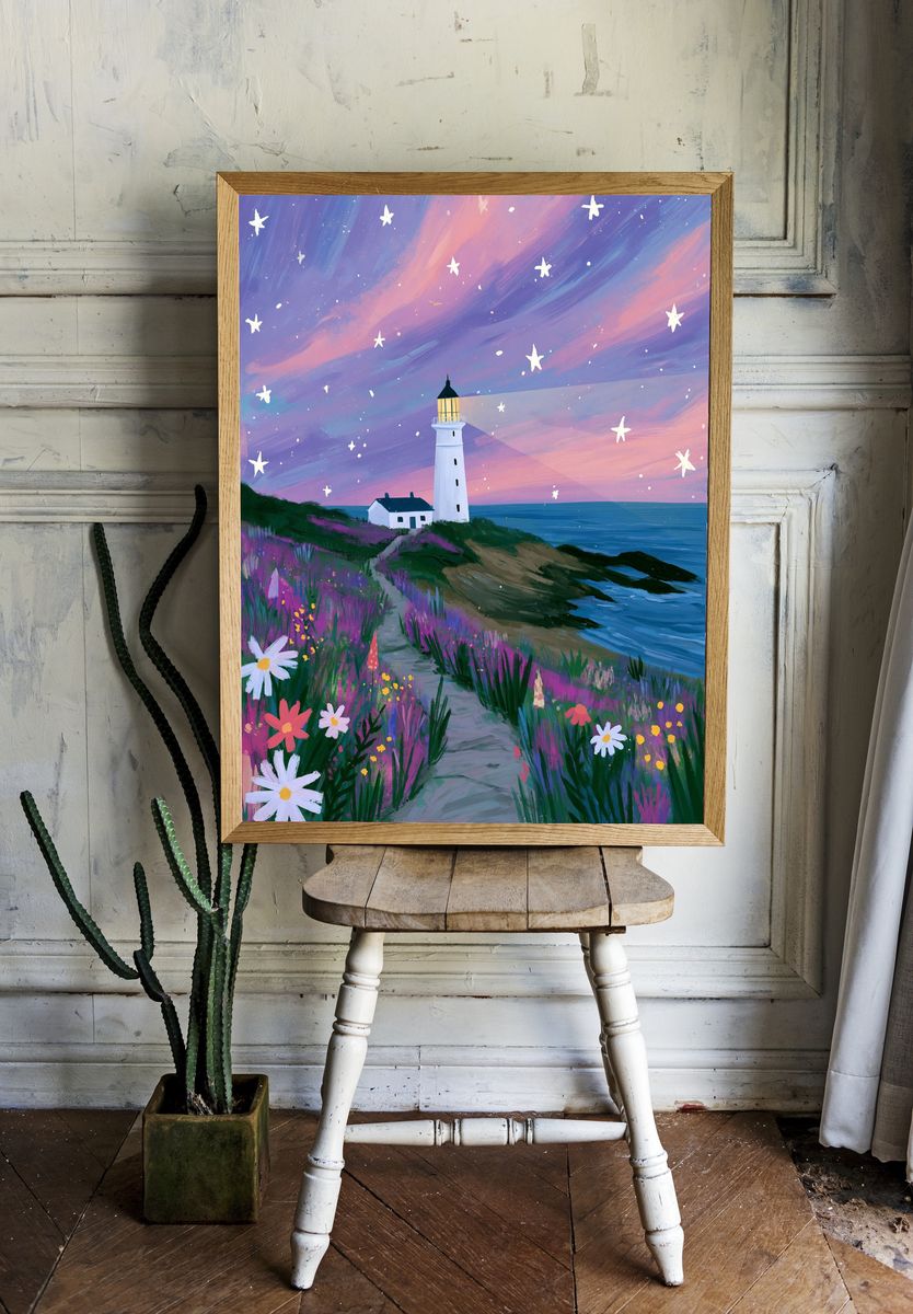 Lighthouse at Dusk Illustration Poster. — room view 1