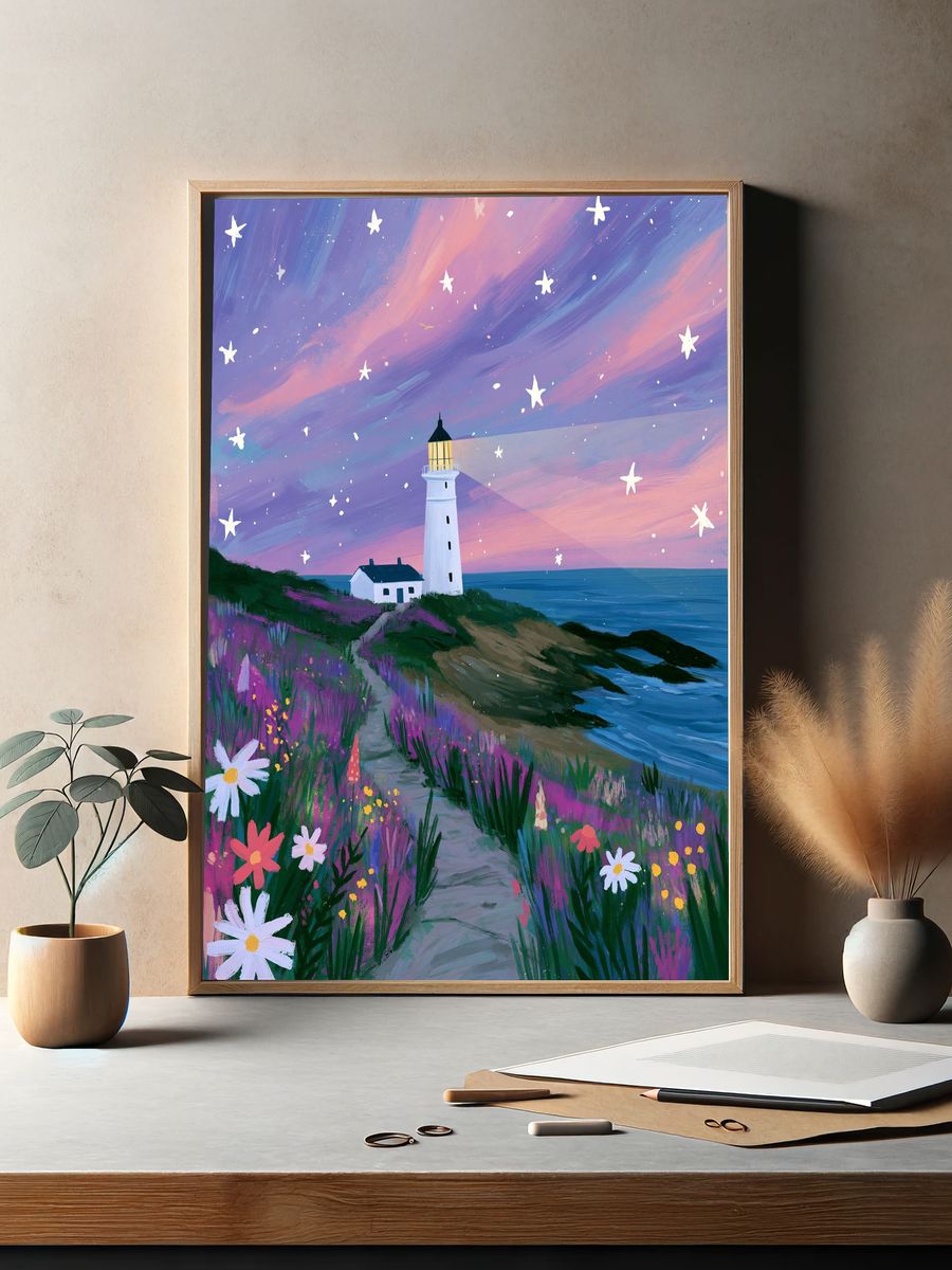 Lighthouse at Dusk Illustration Poster. — room view 2