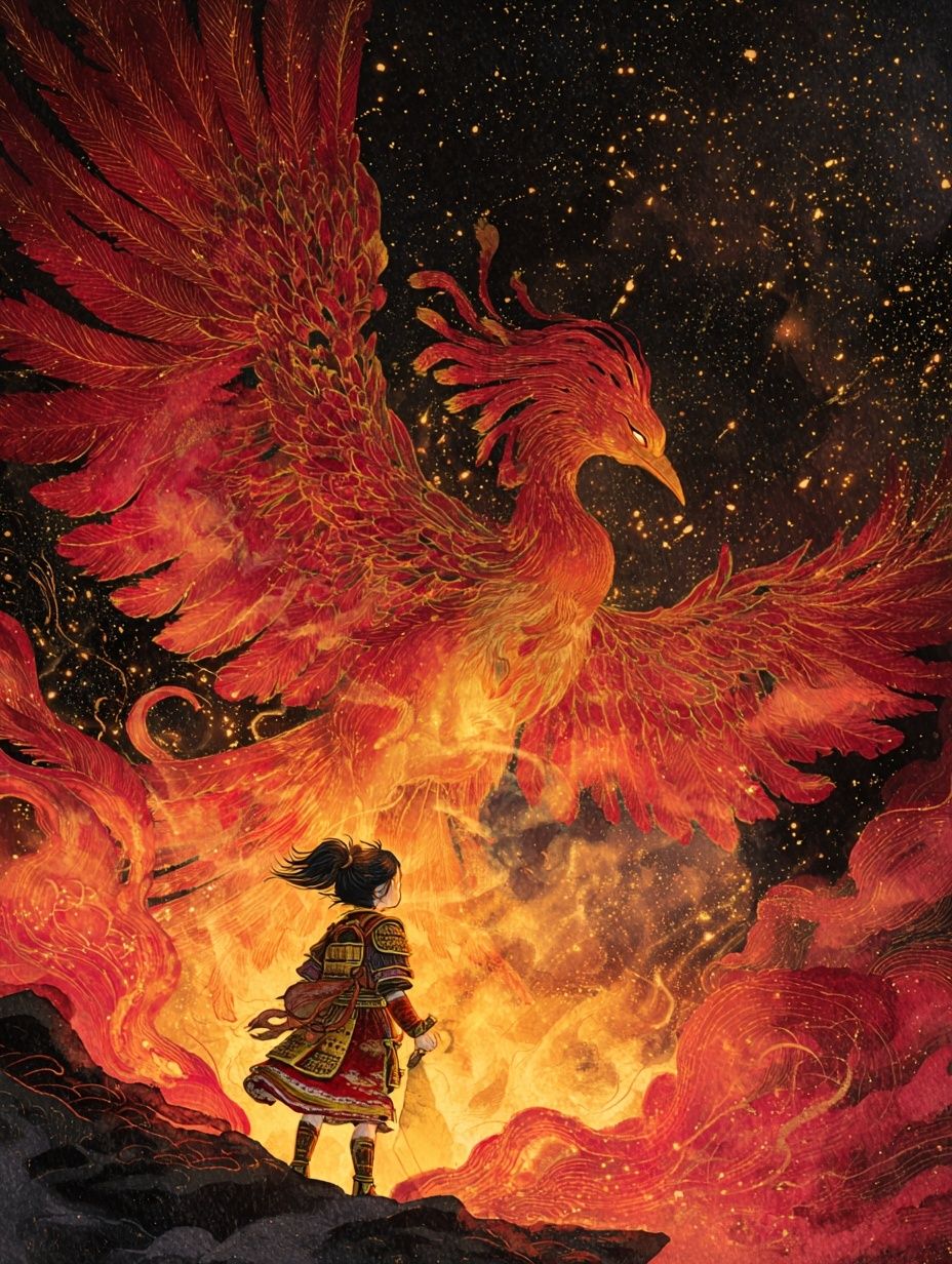 Phoenix and Warrior Fantasy Print. poster detail