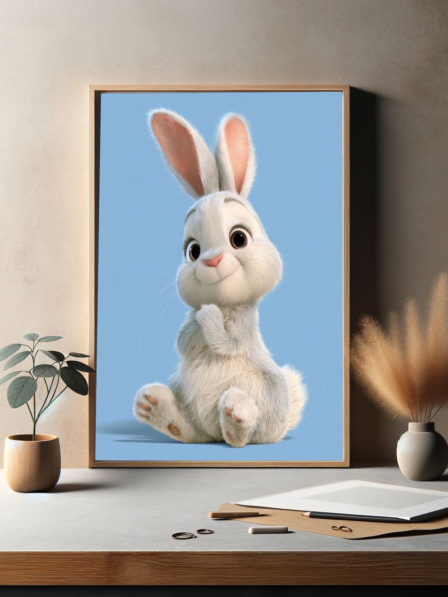 Cute White Bunny Illustration Poster. — room view 2