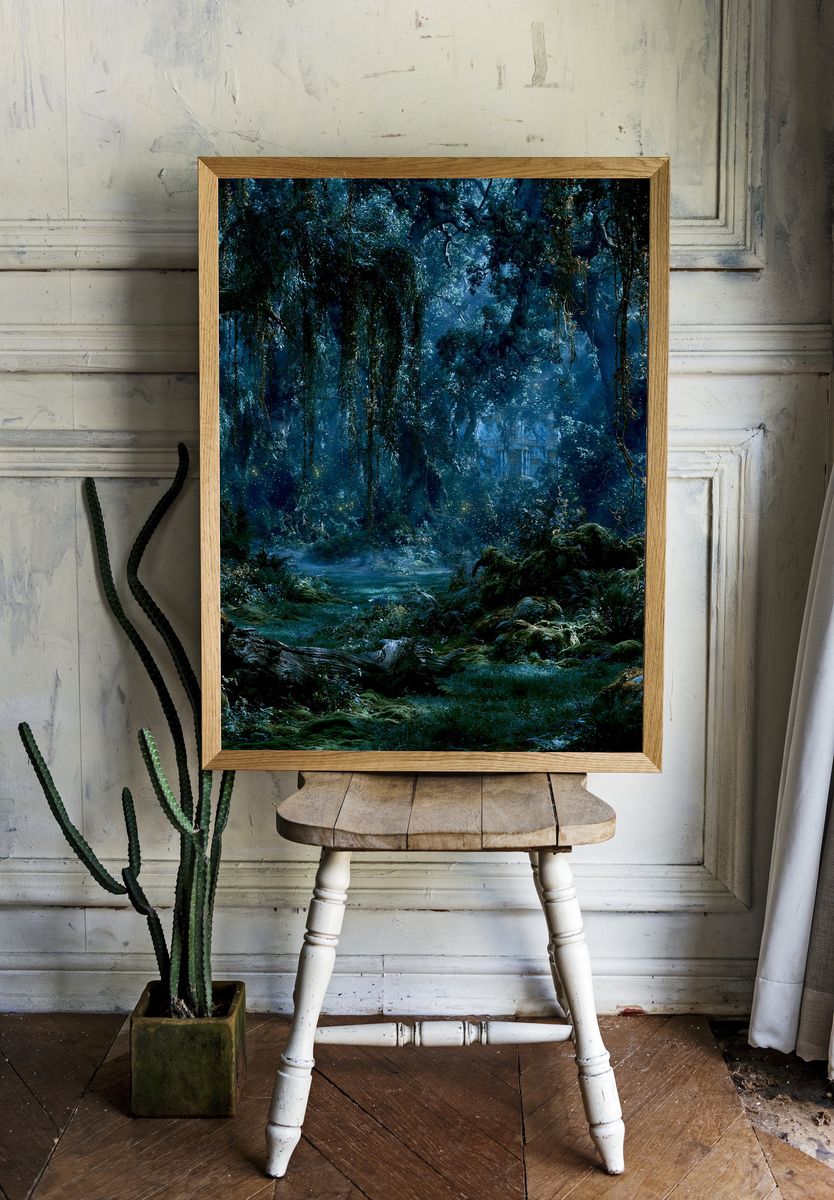 Enchanted Moonlit Forest Print. room preview