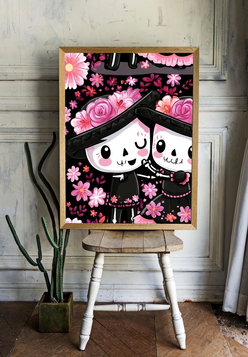 Cute Skull Couple Floral Poster. — room view 1
