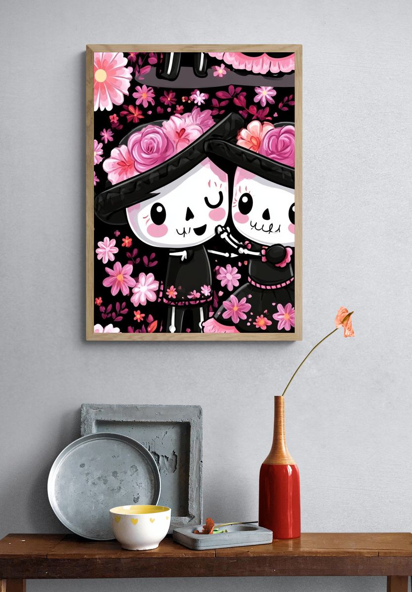 Cute Skull Couple Floral Poster. — room view 3